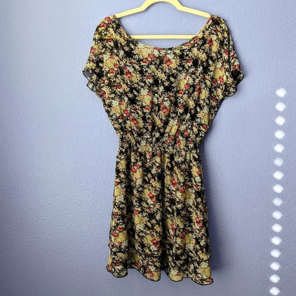 Express Floral Mini Dress Ruffle Sleeves Smocked Waist Fit & Flare Small Stretch